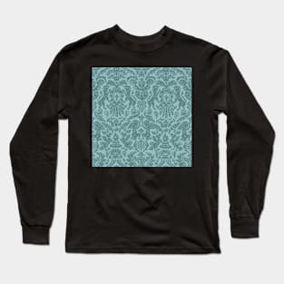 Dark Teal on Aqua Weird Medieval Lions, Cherubs, and Skulls Scrollwork Damask Long Sleeve T-Shirt